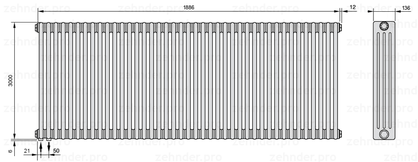 Схема (чертеж) Радиатор Zehnder Charleston 4300/41 №3370 Белый глянцевый RAL 9016